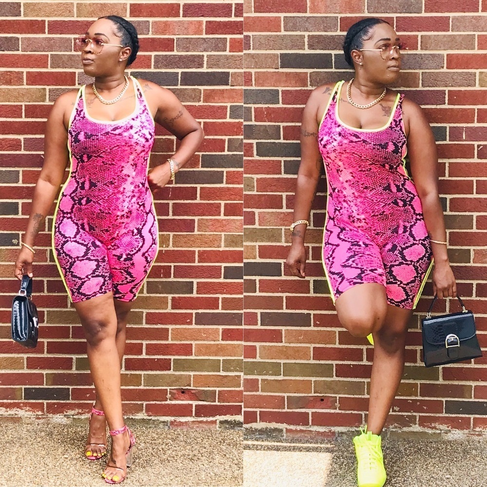 Pink Snake Print Tank Top Romper Biker Short Style